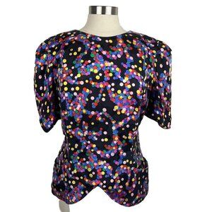 Raul Blanco Top 12 Womens Vintage Colorful Black Silk Short Puff Sleeves Zip